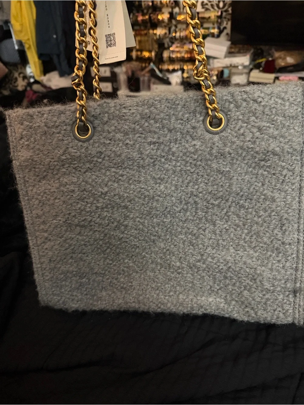 Tory Burch Gray Pebbled Wool Logo Tote with Gold-Tone Accents